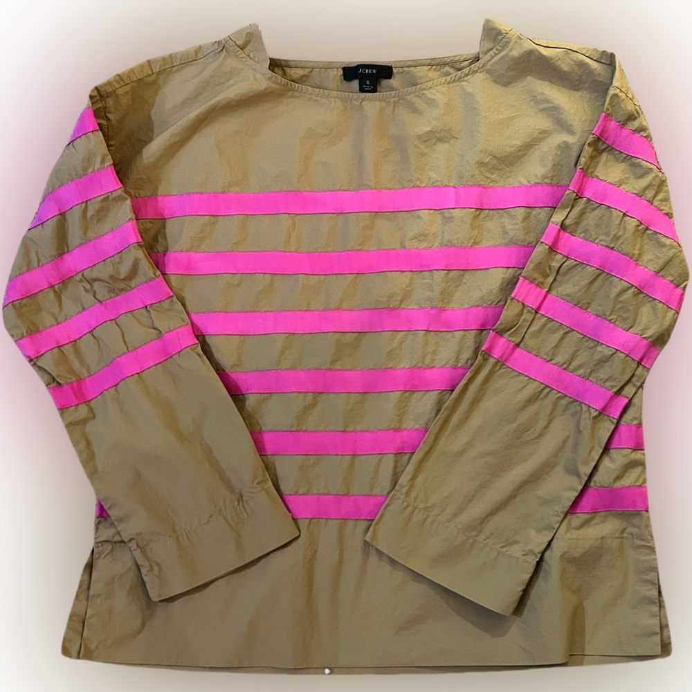 J. Crew Womens Long Sleeve Cotton Poplin Camel Pink Ribbon Stripe Shirt Small